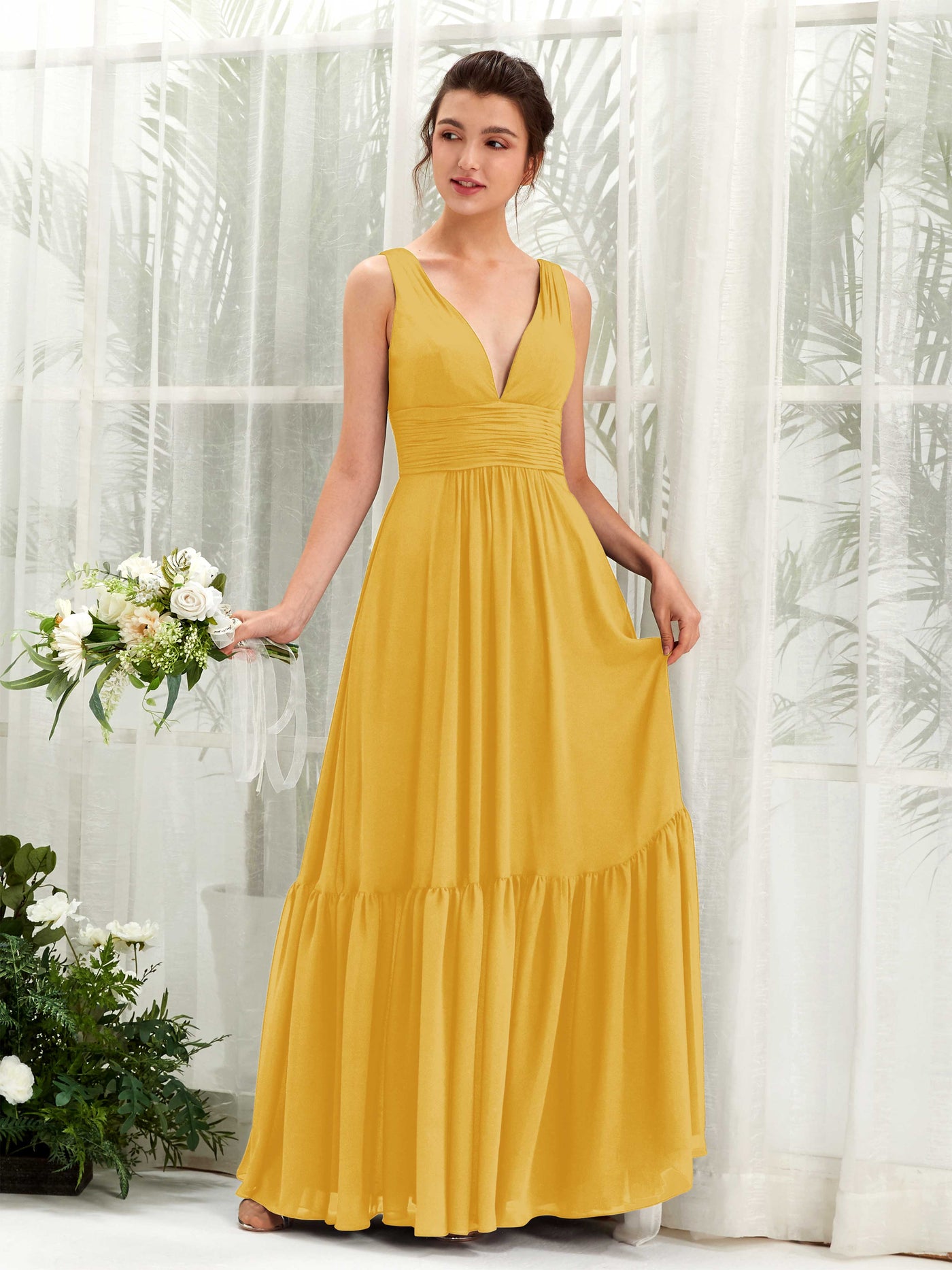 A-line Maternity Straps Sleeveless Chiffon Bridesmaid Dress - Mustard Yellow (80223733)#color_mustard-yellow