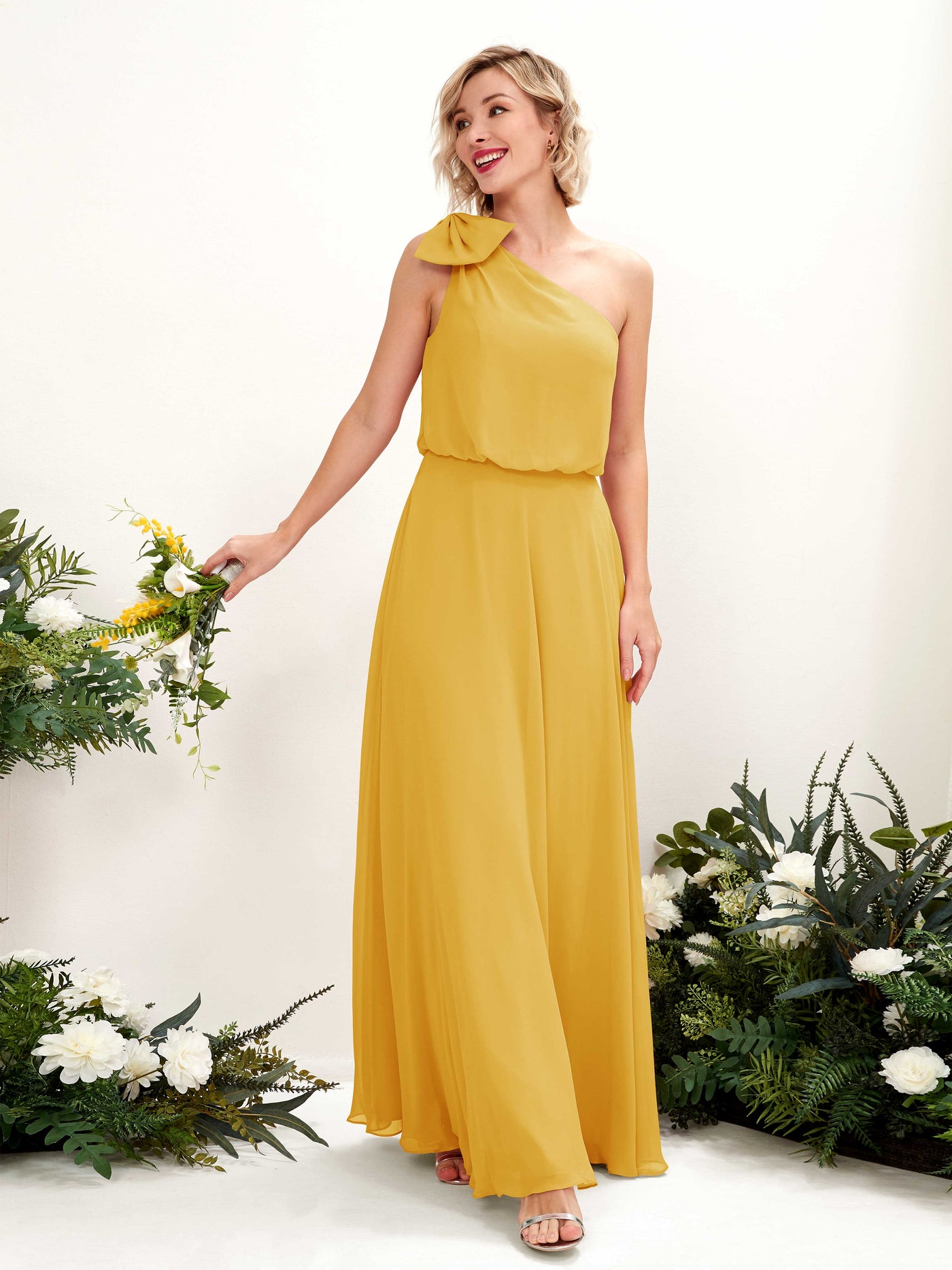A-line One Shoulder Sleeveless Chiffon Bridesmaid Dress - Mustard Yellow (81225533)#color_mustard-yellow