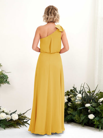 Carlyna Laurel A-Line Mustard Yellow Bridesmaid Dress Maxi Sleeveless One Shoulder Dress #color_mustard-yellow