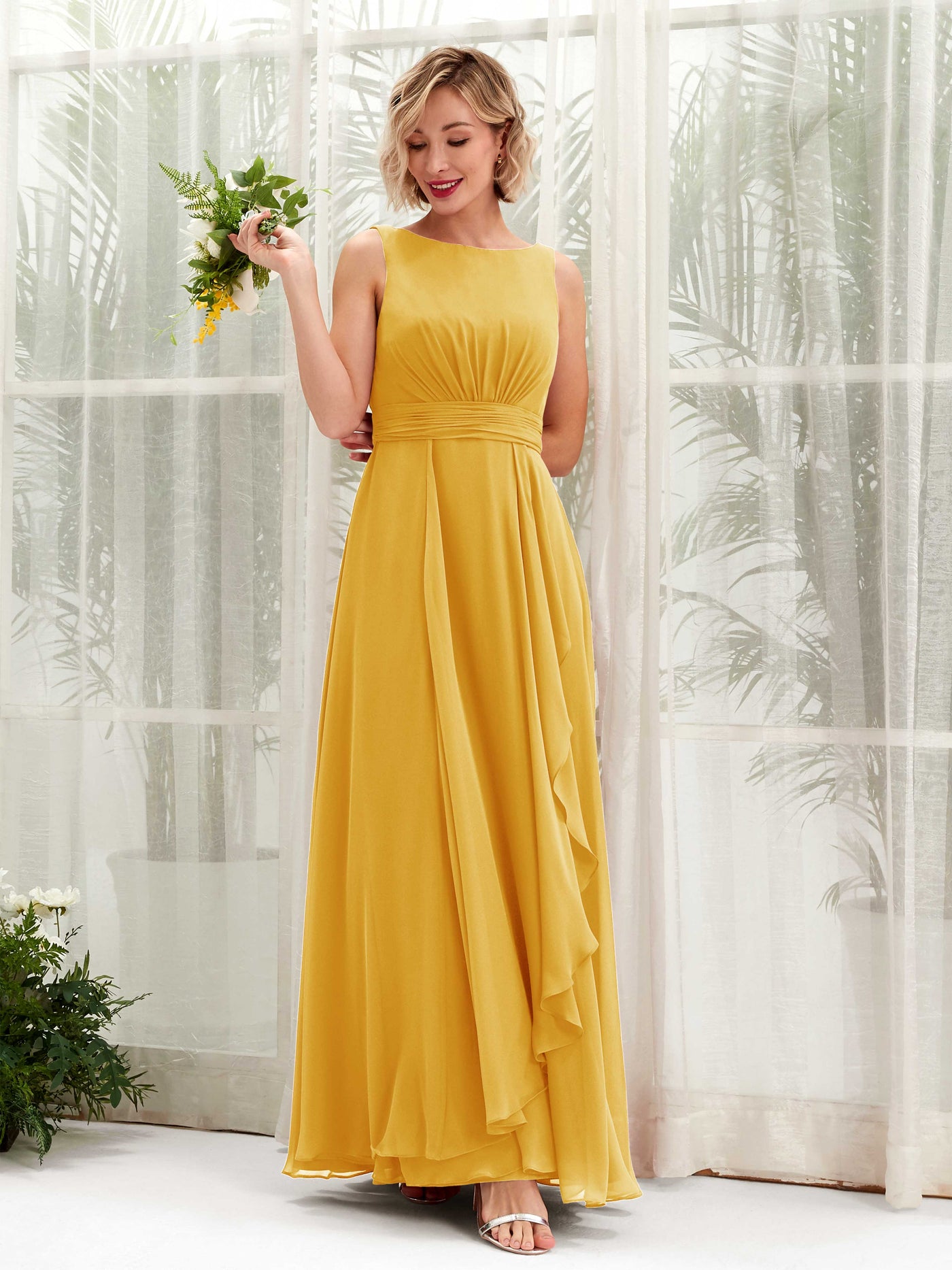 A-line Bateau Sleeveless Chiffon Bridesmaid Dress - Mustard Yellow (81225833)#color_mustard-yellow