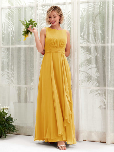Carlyna Brianna A-Line Mustard Yellow Bridesmaid Dress Maxi Sleeveless Boat Neck Dress Front View #color_mustard-yellow