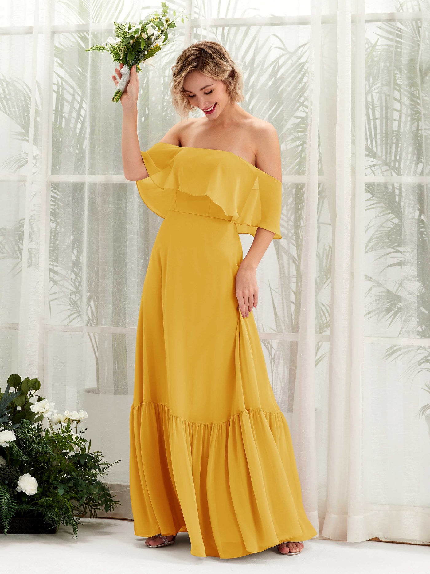 A-line Off Shoulder Chiffon Bridesmaid Dress - Mustard Yellow (81224533)#color_mustard-yellow