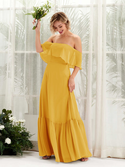 Carlyna Joie A-Line Mustard Yellow Bridesmaid Dress Maxi Sleeveless Off the Shoulder Dress #color_mustard-yellow