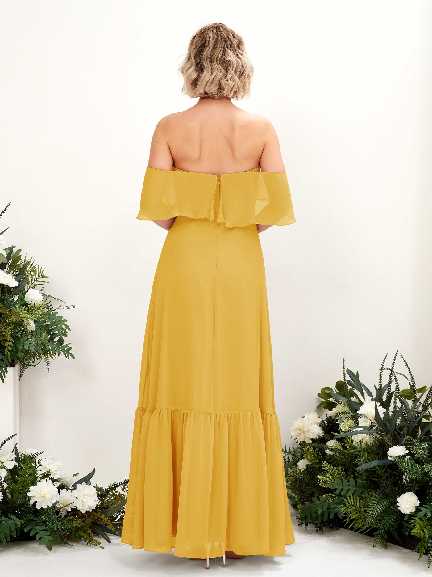 A-line Off Shoulder Chiffon Bridesmaid Dress - Mustard Yellow (81224533)#color_mustard-yellow
