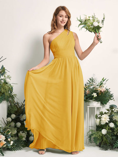 Carlyna Evelyn A-Line Mustard Yellow Bridesmaid Dress Maxi Sleeveless One Shoulder Dress Front View #color_mustard-yellow