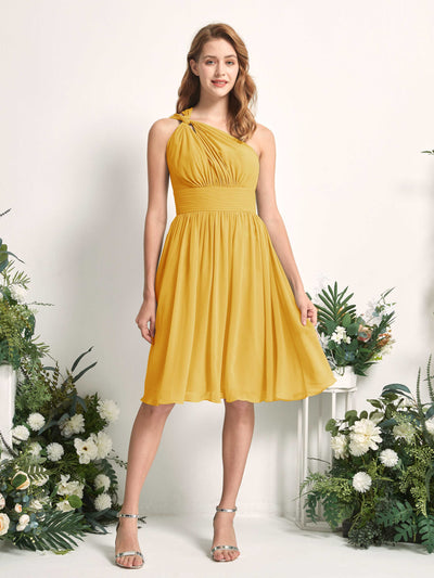 Carlyna Echo A-Line Mustard Yellow Bridesmaid Dress Knee-Length Sleeveless One Shoulder Dress Front View #color_mustard-yellow