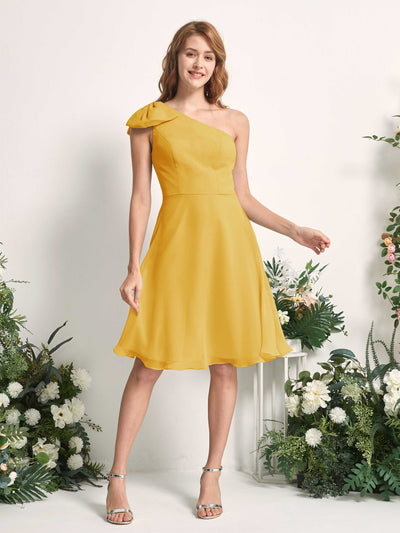 Carlyna Brenda A-Line Mustard Yellow Bridesmaid Dress Knee-Length Sleeveless One Shoulder Dress Front View #color_mustard-yellow