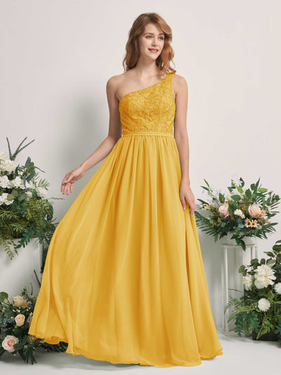 Carlyna Bonita A-Line Mustard Yellow Embroidered Bridesmaid Dress Maxi Sleeveless One Shoulder Dress Front View #color_mustard-yellow