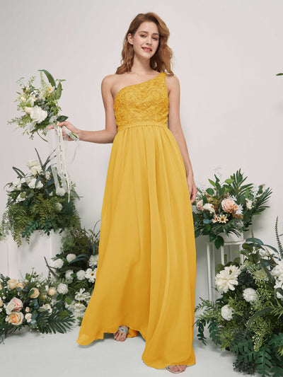 Carlyna Bonita A-Line Mustard Yellow Embroidered Bridesmaid Dress Maxi Sleeveless One Shoulder Dress Side View 2 #color_mustard-yellow
