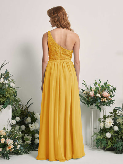 Carlyna Bonita A-Line Mustard Yellow Embroidered Bridesmaid Dress Maxi Sleeveless One Shoulder Dress Back View #color_mustard-yellow