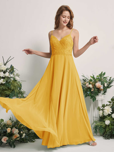 Carlyna Gail A-Line Mustard Yellow Beaded Bridesmaid Dress Maxi Sleeveless V-Neck Dress Front View #color_mustard-yellow