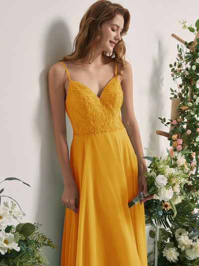Carlyna Gail A-Line Mustard Yellow Beaded Bridesmaid Dress Maxi Sleeveless V-Neck Dress Side View 3 #color_mustard-yellow