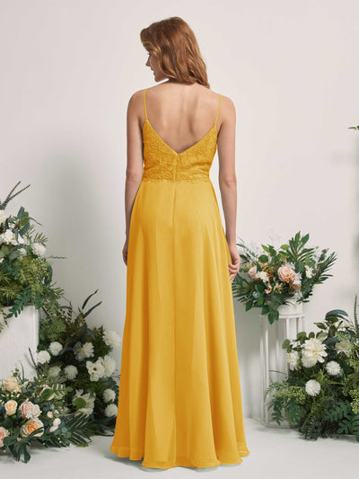 Carlyna Gail A-Line Mustard Yellow Beaded Bridesmaid Dress Maxi Sleeveless V-Neck Dress Back View #color_mustard-yellow