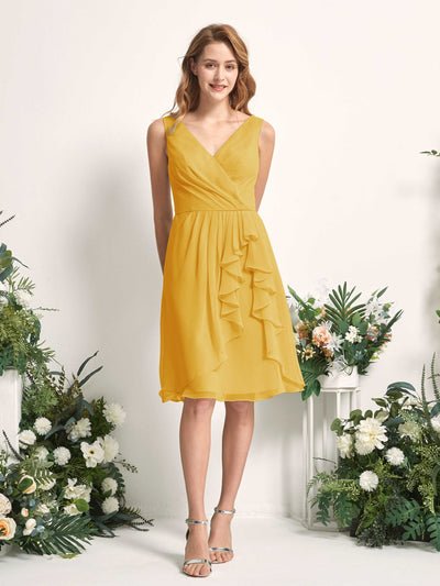 Carlyna Alisha A-Line Mustard Yellow Bridesmaid Dress Knee-Length Sleeveless V-Neck Dress Front View #color_mustard-yellow
