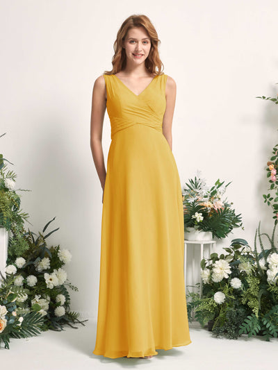 Carlyna June A-Line Mustard Yellow Bridesmaid Dress Maxi Sleeveless V-Neck Dress #color_mustard-yellow