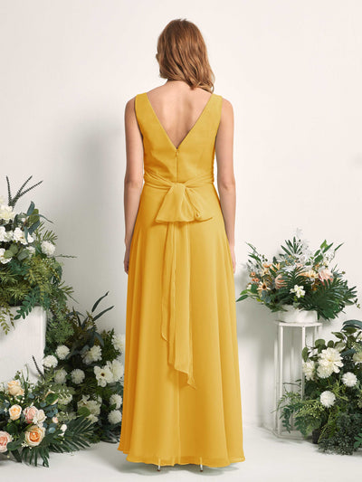 Carlyna June A-Line Mustard Yellow Bridesmaid Dress Maxi Sleeveless V-Neck Dress #color_mustard-yellow