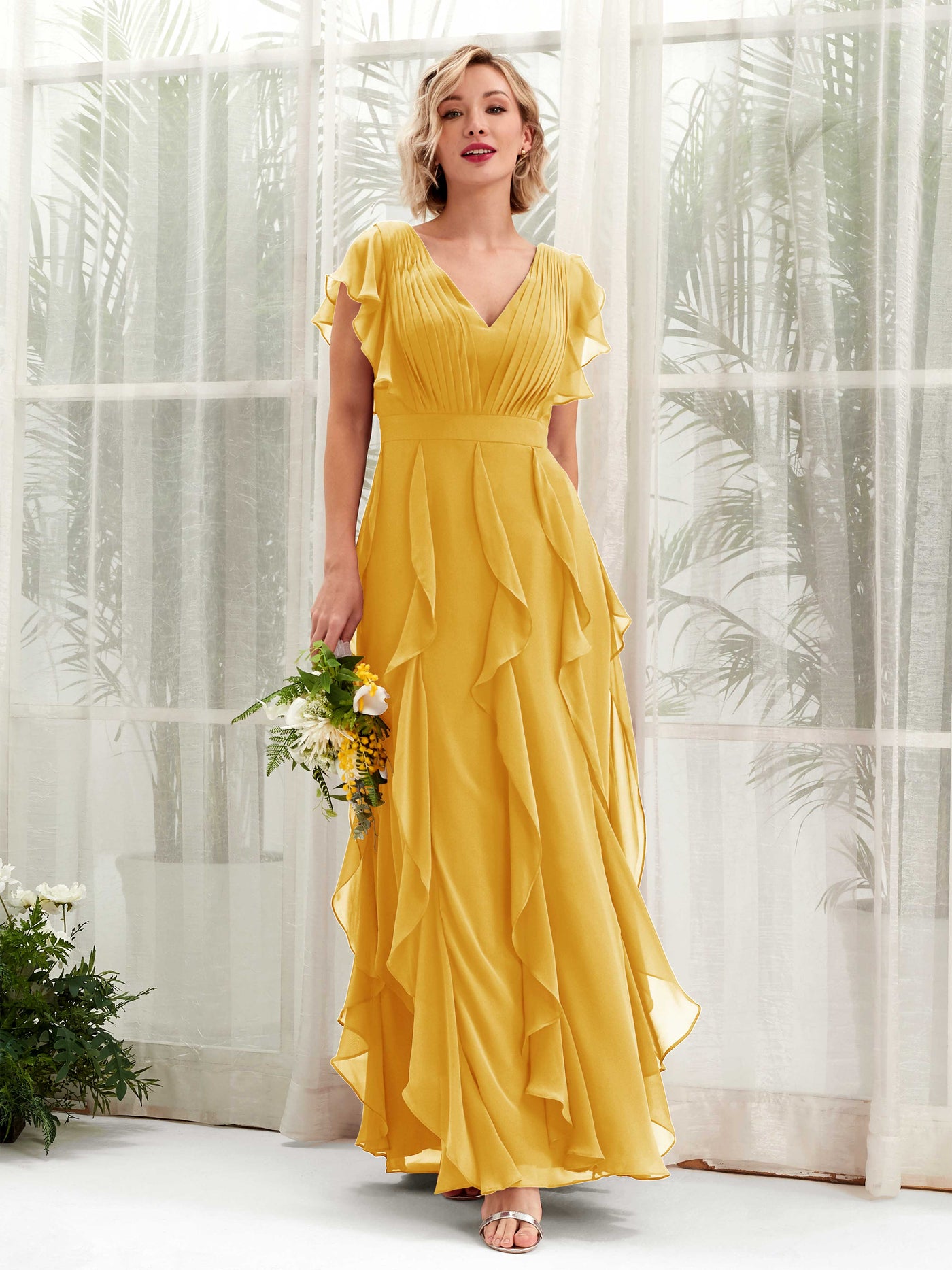 A-line V-neck Short Sleeves Chiffon Bridesmaid Dress - Mustard Yellow (81226033)#color_mustard-yellow