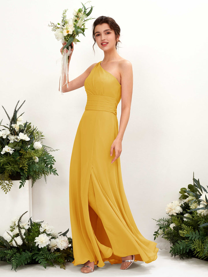 A-line One Shoulder Sleeveless Bridesmaid Dress - Mustard Yellow (81224733)