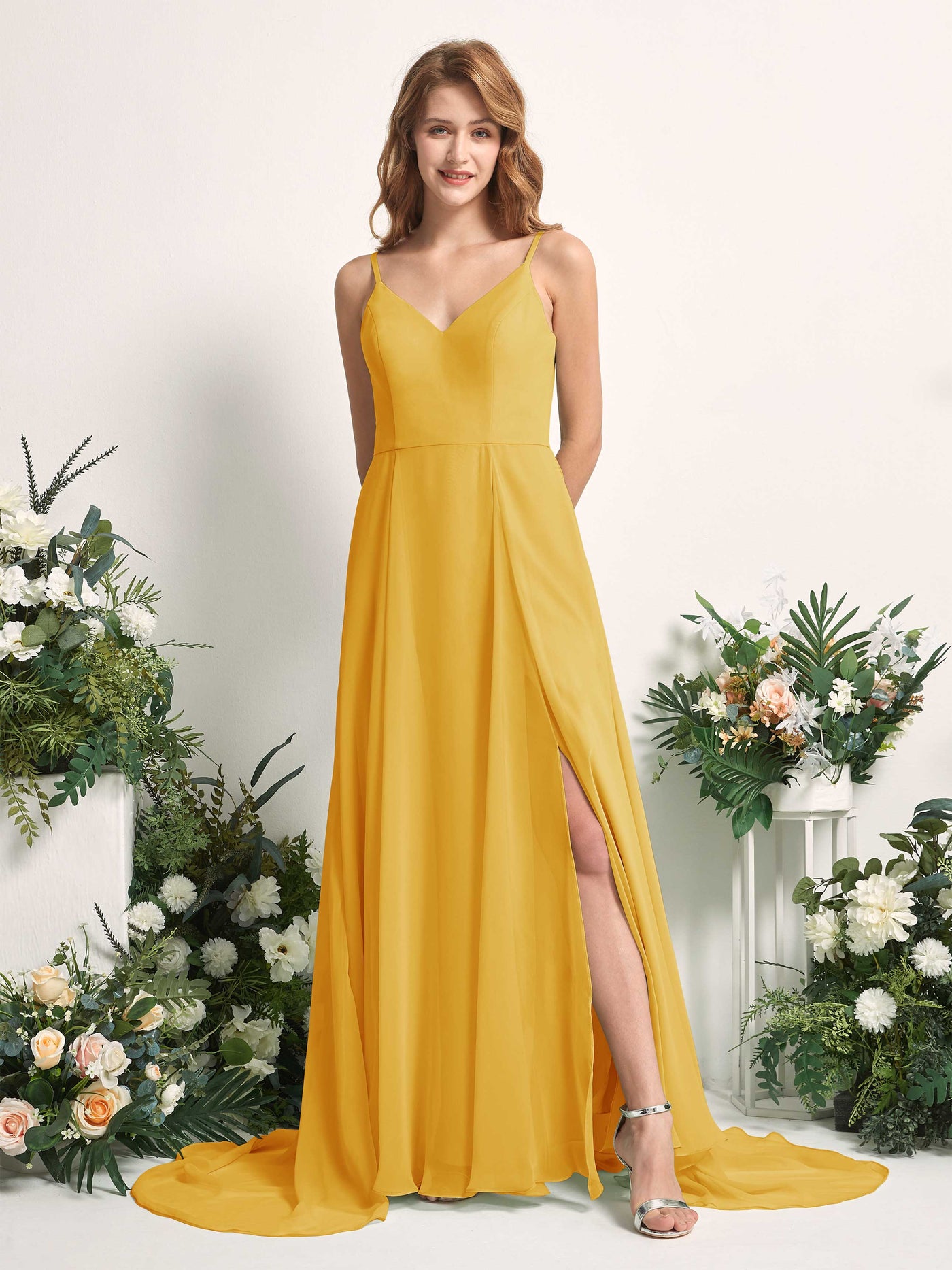 Bridesmaid Dress A-line Chiffon Spaghetti-straps Full Length Sleeveless Wedding Party Dress - Mustard Yellow (81227733)#color_mustard-yellow