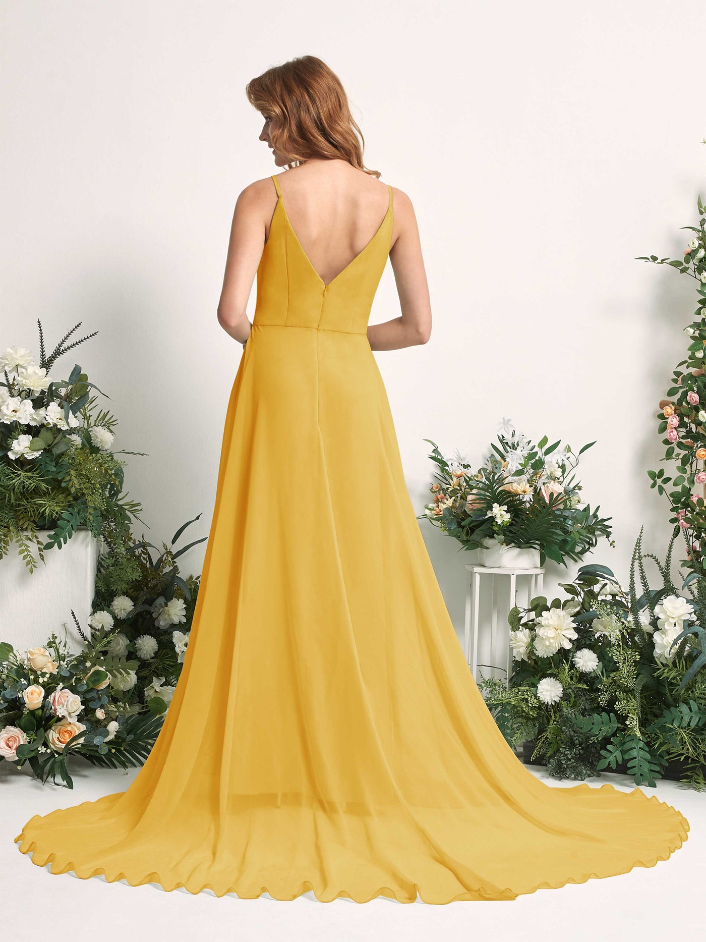 Bridesmaid Dress A-line Chiffon Spaghetti-straps Full Length Sleeveless Wedding Party Dress - Mustard Yellow (81227733)#color_mustard-yellow
