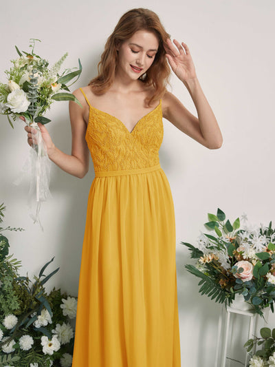Carlyna Alexandra A-Line Mustard Yellow Beaded Bridesmaid Dress Maxi Sleeveless V-Neck Dress Side View 2 #color_mustard-yellow