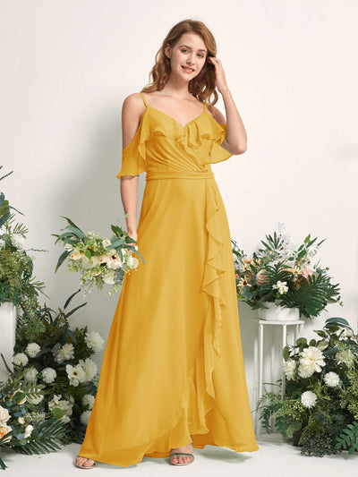 Carlyna Yvette A-Line Mustard Yellow Bridesmaid Dress Maxi Sleeveless V-Neck Dress #color_mustard-yellow