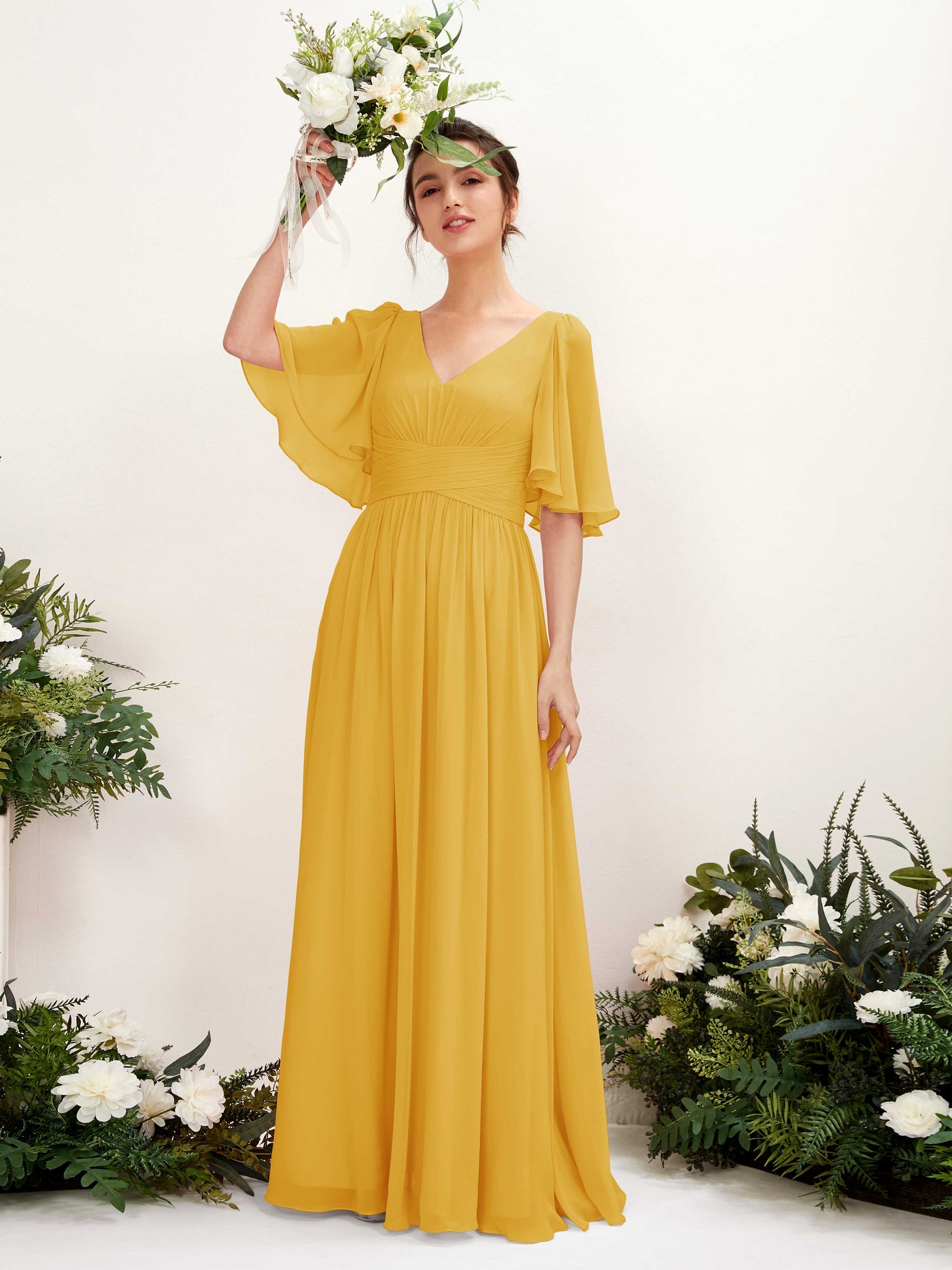 A-line V-neck 1/2 Sleeves Chiffon Bridesmaid Dress - Mustard Yellow (81221633)#color_mustard-yellow