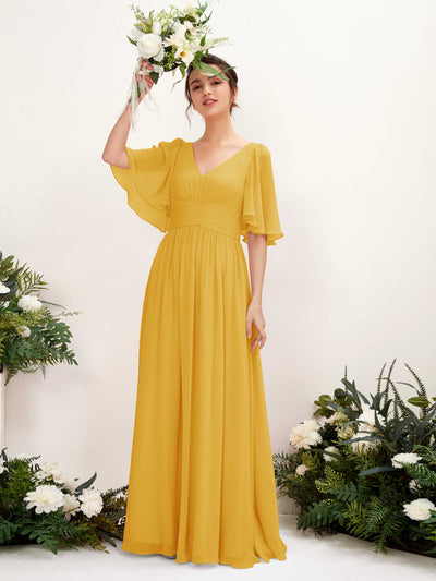Carlyna Odette A-Line Mustard Yellow Bridesmaid Dress Maxi Short Sleeve V-Neck Dress #color_mustard-yellow