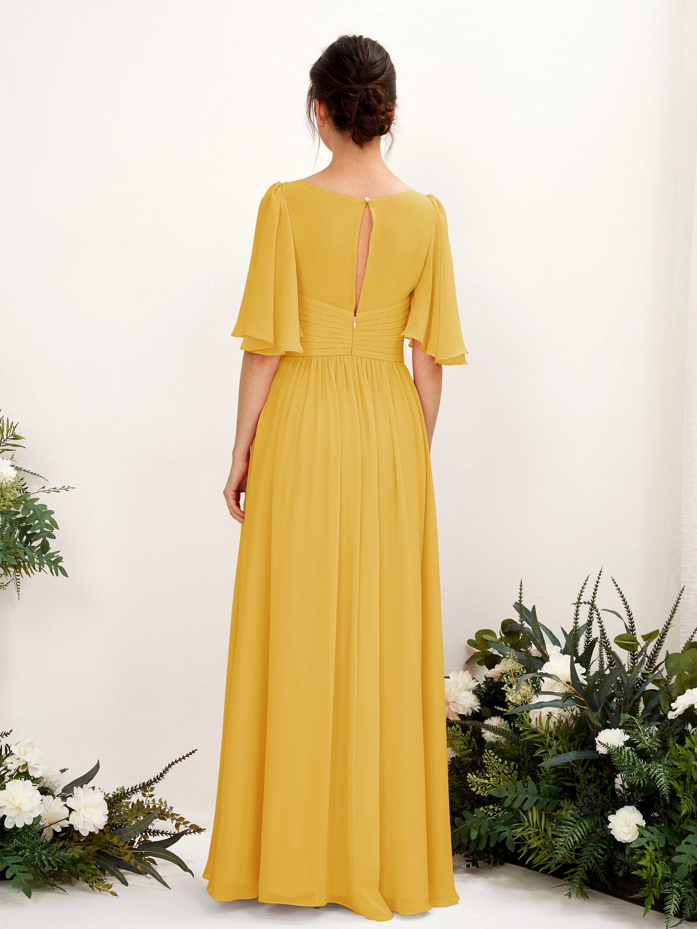 A-line V-neck 1/2 Sleeves Chiffon Bridesmaid Dress - Mustard Yellow (81221633)#color_mustard-yellow