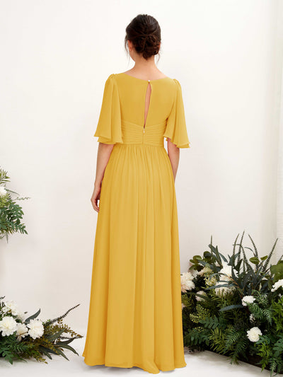 Carlyna Odette A-Line Mustard Yellow Bridesmaid Dress Maxi Short Sleeve V-Neck Dress #color_mustard-yellow