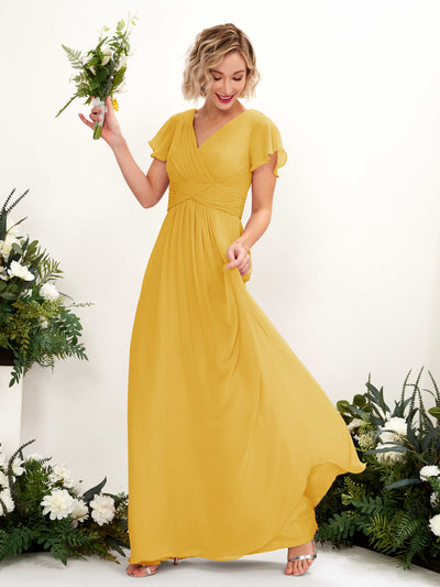 Carlyna Tolly A-Line Mustard Yellow Bridesmaid Dress Maxi Cap Sleeve V-Neck Dress #color_mustard-yellow