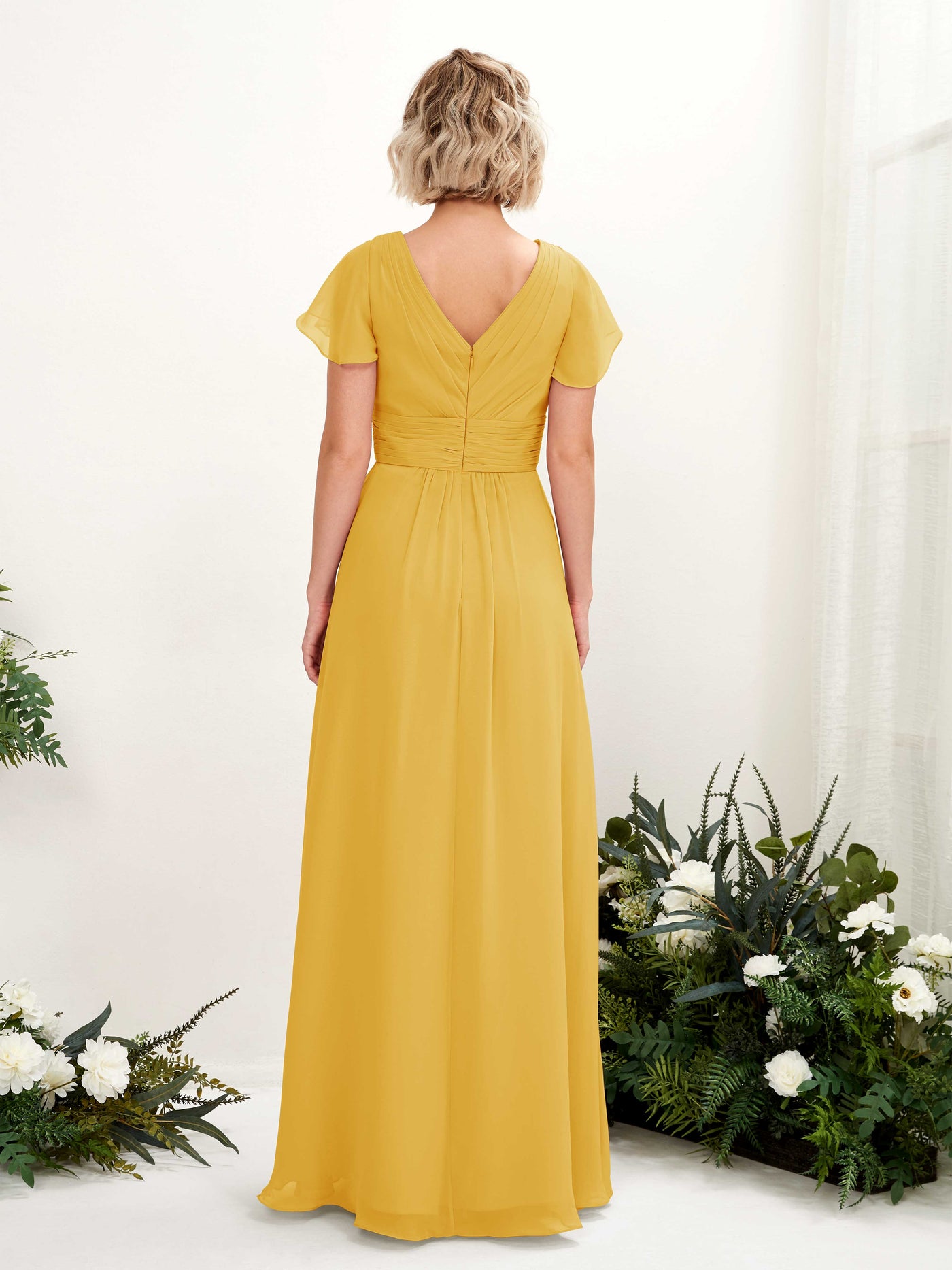 A-line V-neck Cap Sleeves Chiffon Bridesmaid Dress - Mustard Yellow (81224333)#color_mustard-yellow