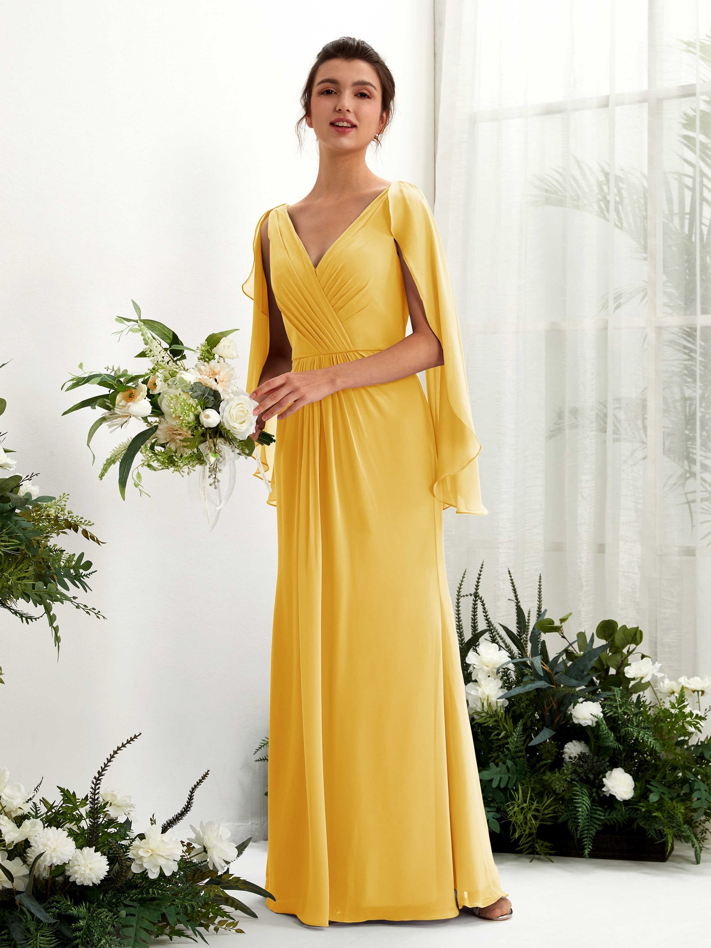 A-line V-neck Chiffon Bridesmaid Dress - Mustard Yellow (80220133)#color_mustard-yellow
