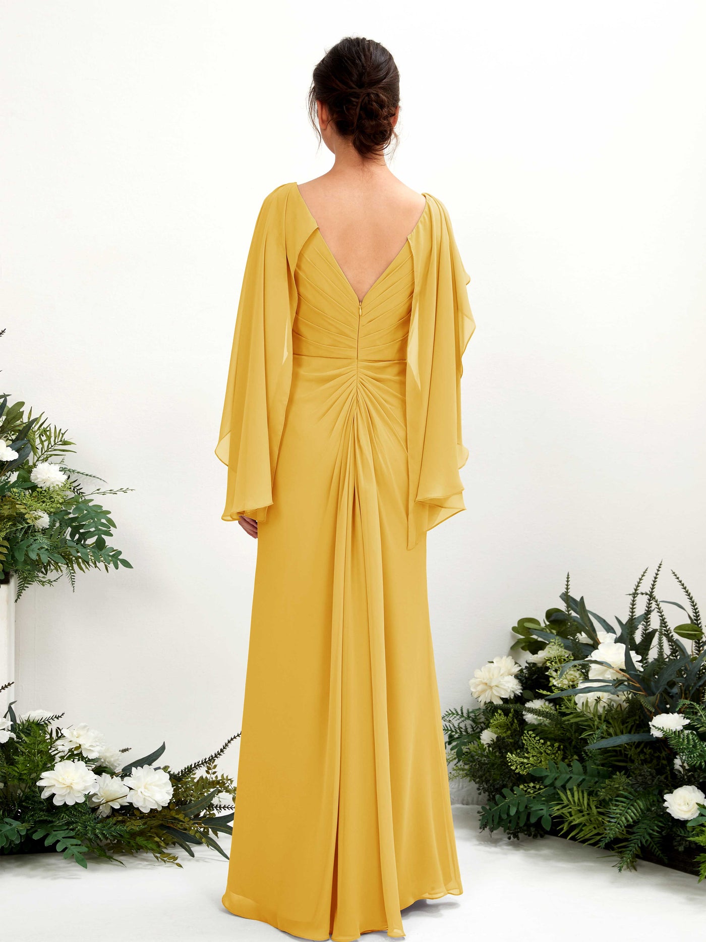 A-line V-neck Chiffon Bridesmaid Dress - Mustard Yellow (80220133)#color_mustard-yellow