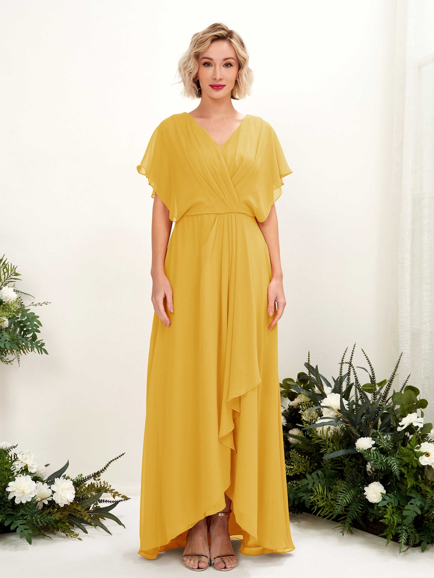 A-line V-neck Short Sleeves Chiffon Bridesmaid Dress - Mustard Yellow (81222133)#color_mustard-yellow