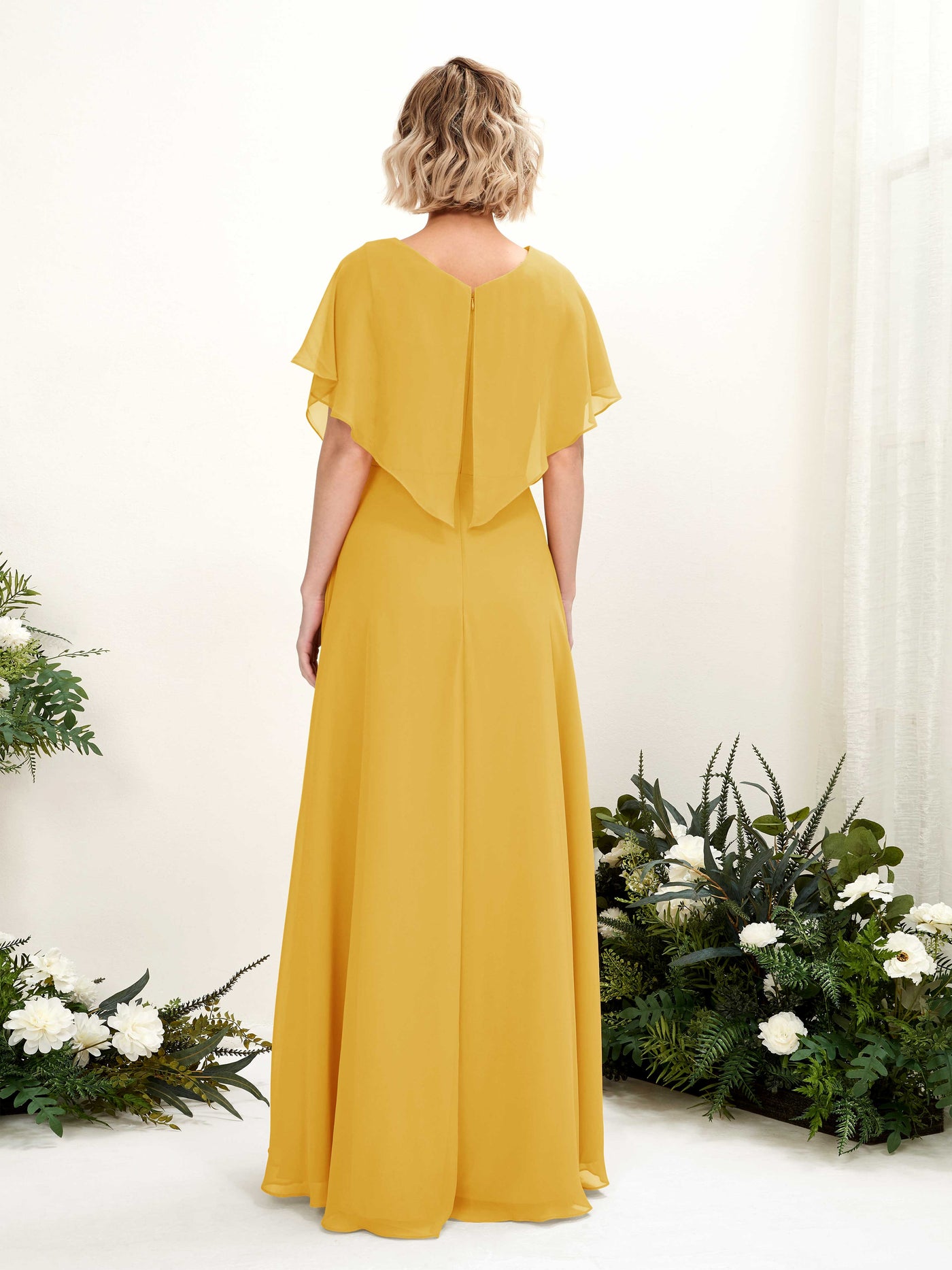 A-line V-neck Short Sleeves Chiffon Bridesmaid Dress - Mustard Yellow (81222133)#color_mustard-yellow