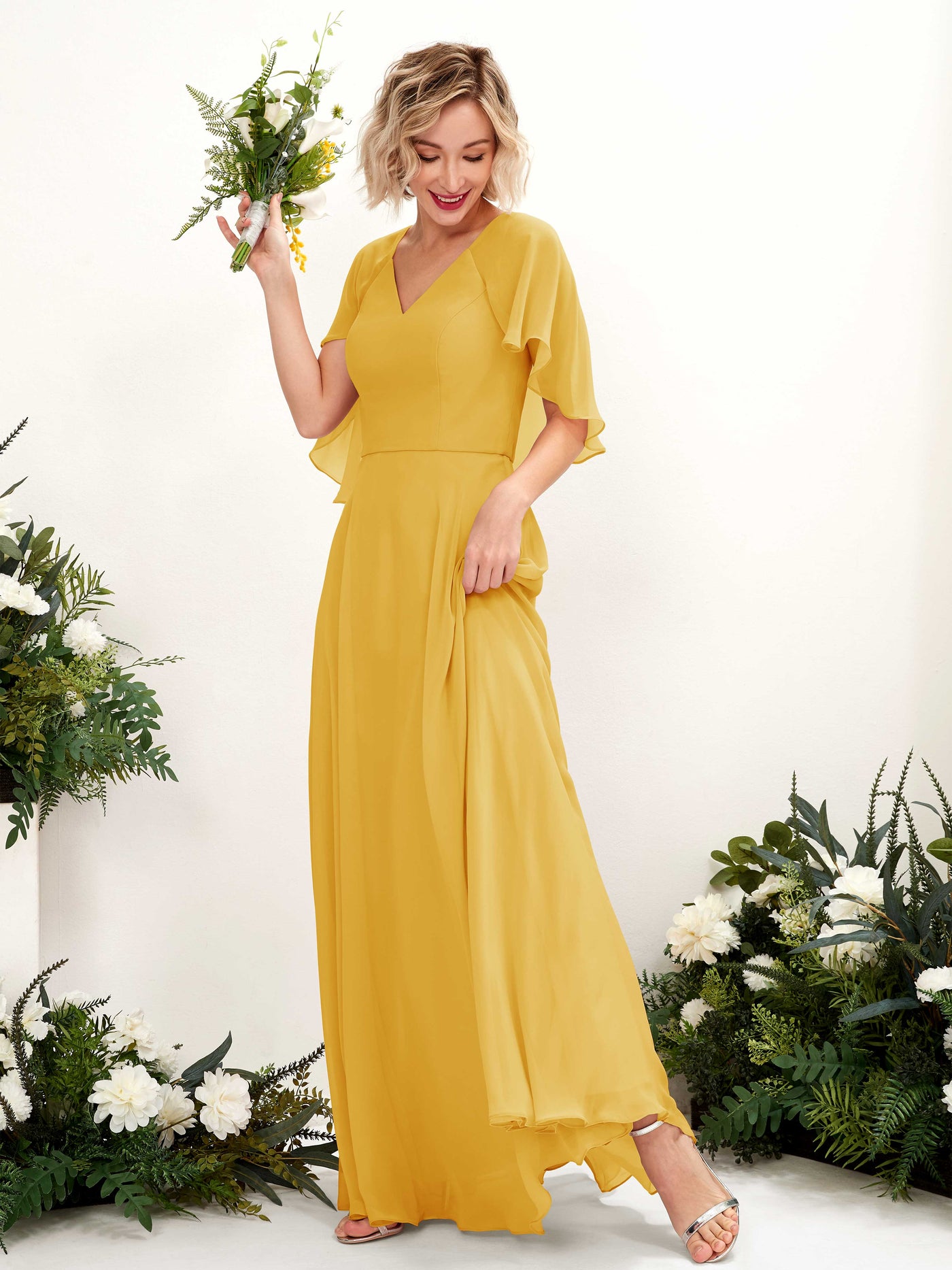 A-line V-neck Short Sleeves Chiffon Bridesmaid Dress - Mustard Yellow (81224433)#color_mustard-yellow