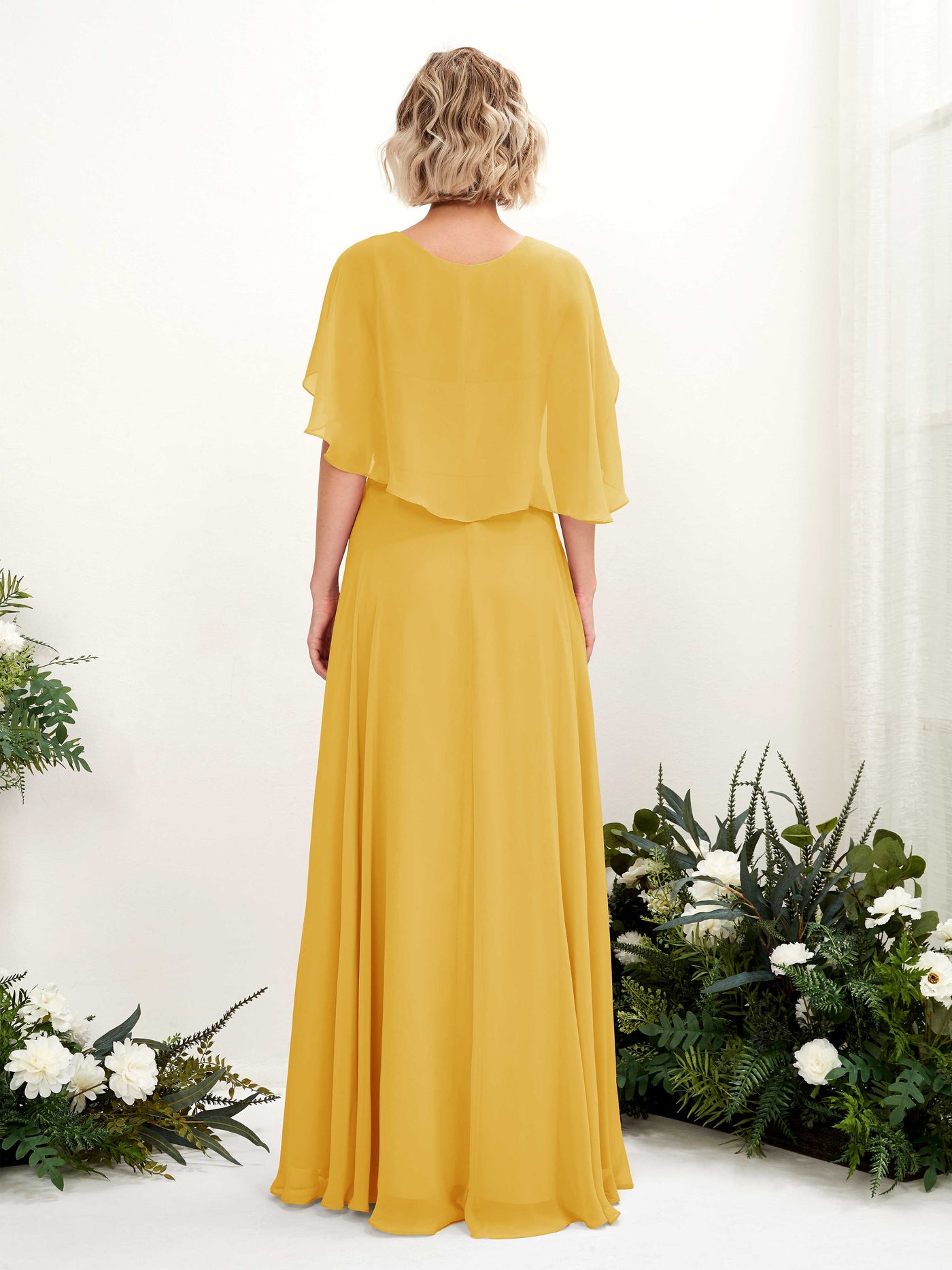 A-line V-neck Short Sleeves Chiffon Bridesmaid Dress - Mustard Yellow (81224433)#color_mustard-yellow