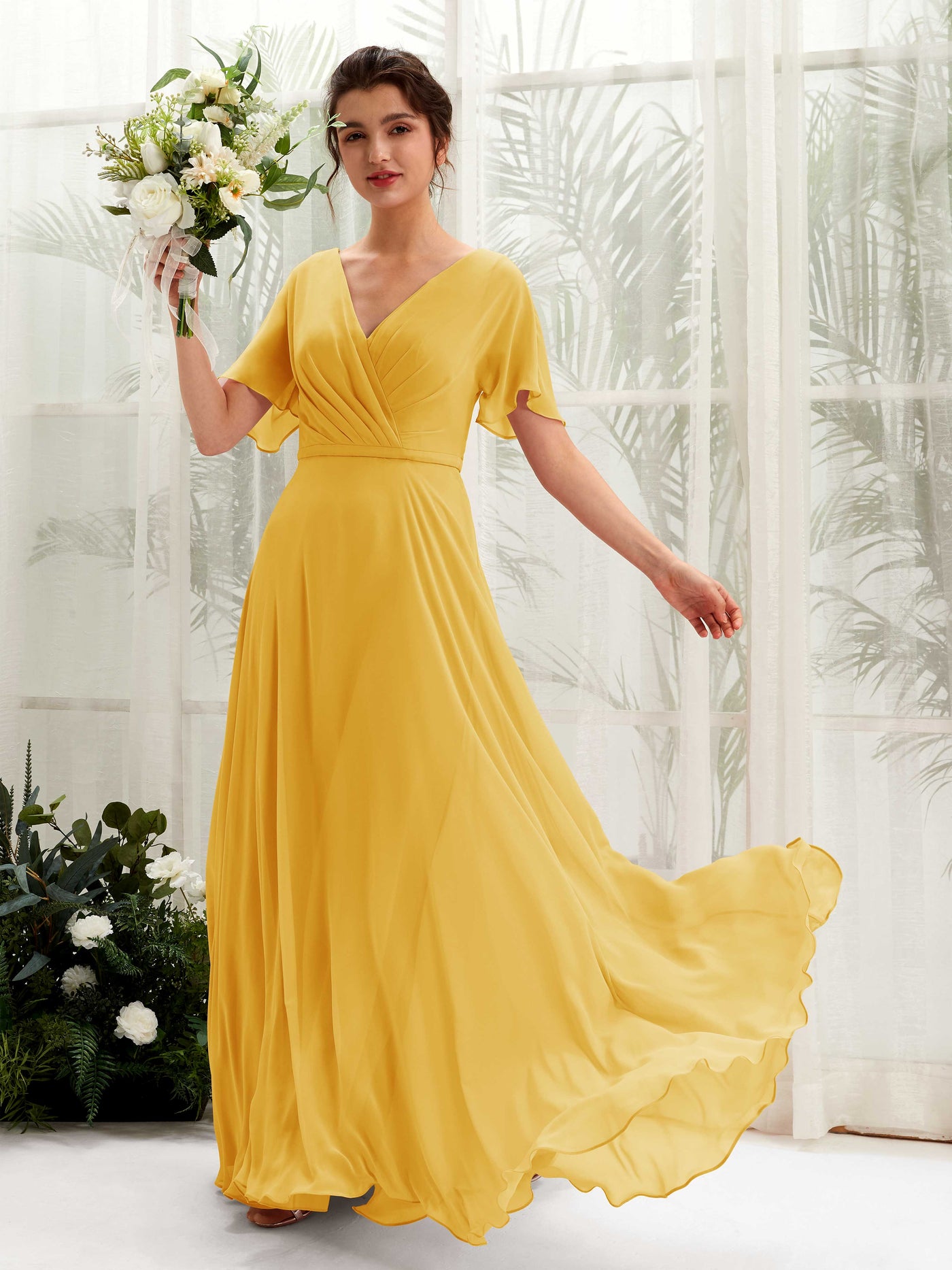 A-line V-neck Short Sleeves Chiffon Bridesmaid Dress - Mustard Yellow (81224633)#color_mustard-yellow