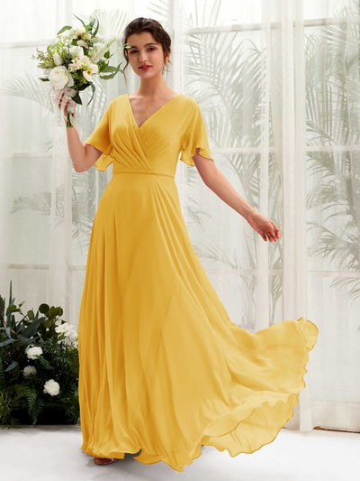 Carlyna Daphne A-Line Mustard Yellow Bridesmaid Dress Maxi Short Sleeve V-Neck Dress Front View #color_mustard-yellow