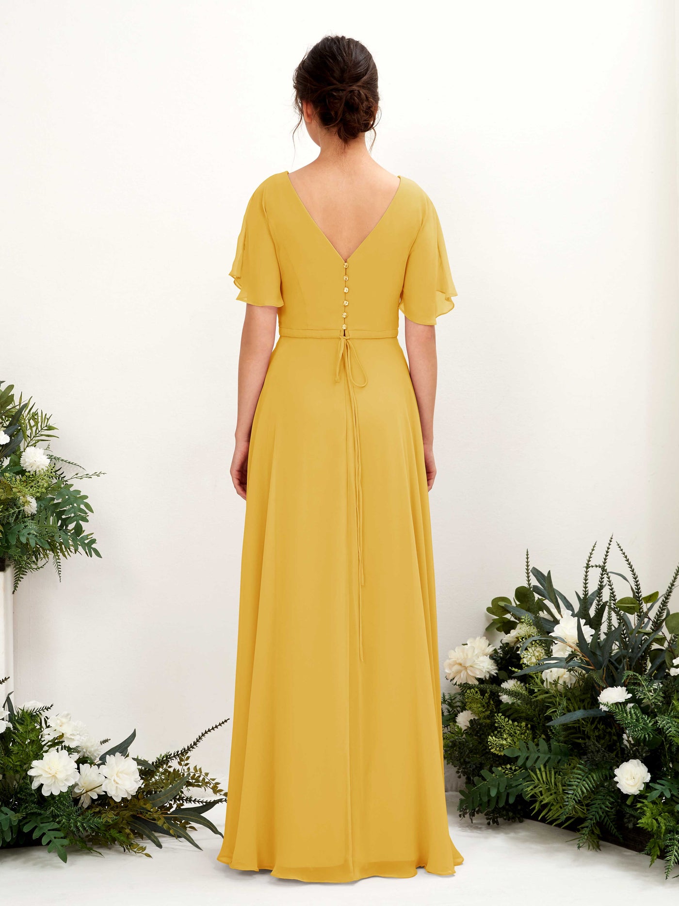 A-line V-neck Short Sleeves Chiffon Bridesmaid Dress - Mustard Yellow (81224633)#color_mustard-yellow