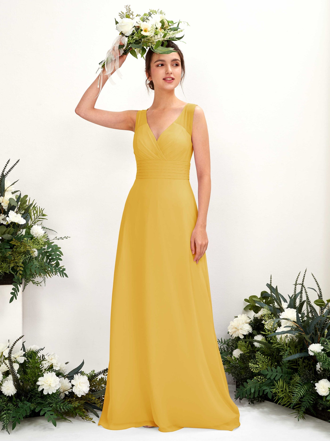 A-line V-neck Sleeveless Chiffon Bridesmaid Dress - Mustard Yellow (81220933)#color_mustard-yellow