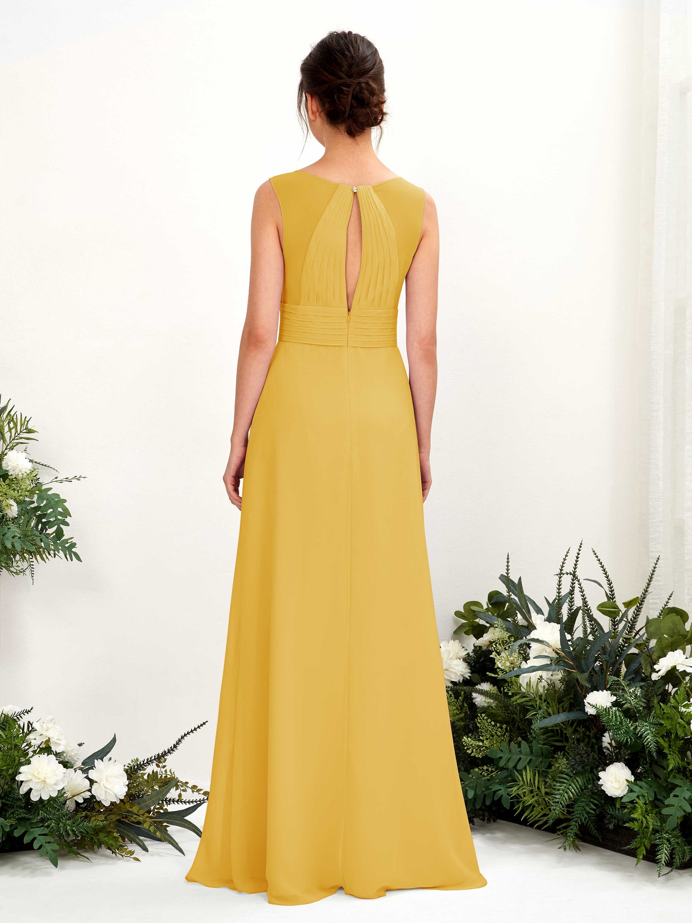 A-line V-neck Sleeveless Chiffon Bridesmaid Dress - Mustard Yellow (81220933)#color_mustard-yellow