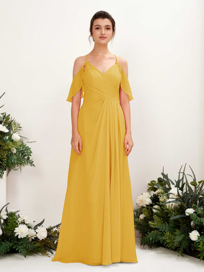 Carlyna Orlane A-Line Mustard Yellow Bridesmaid Dress Maxi Sleeveless V-Neck Dress #color_mustard-yellow