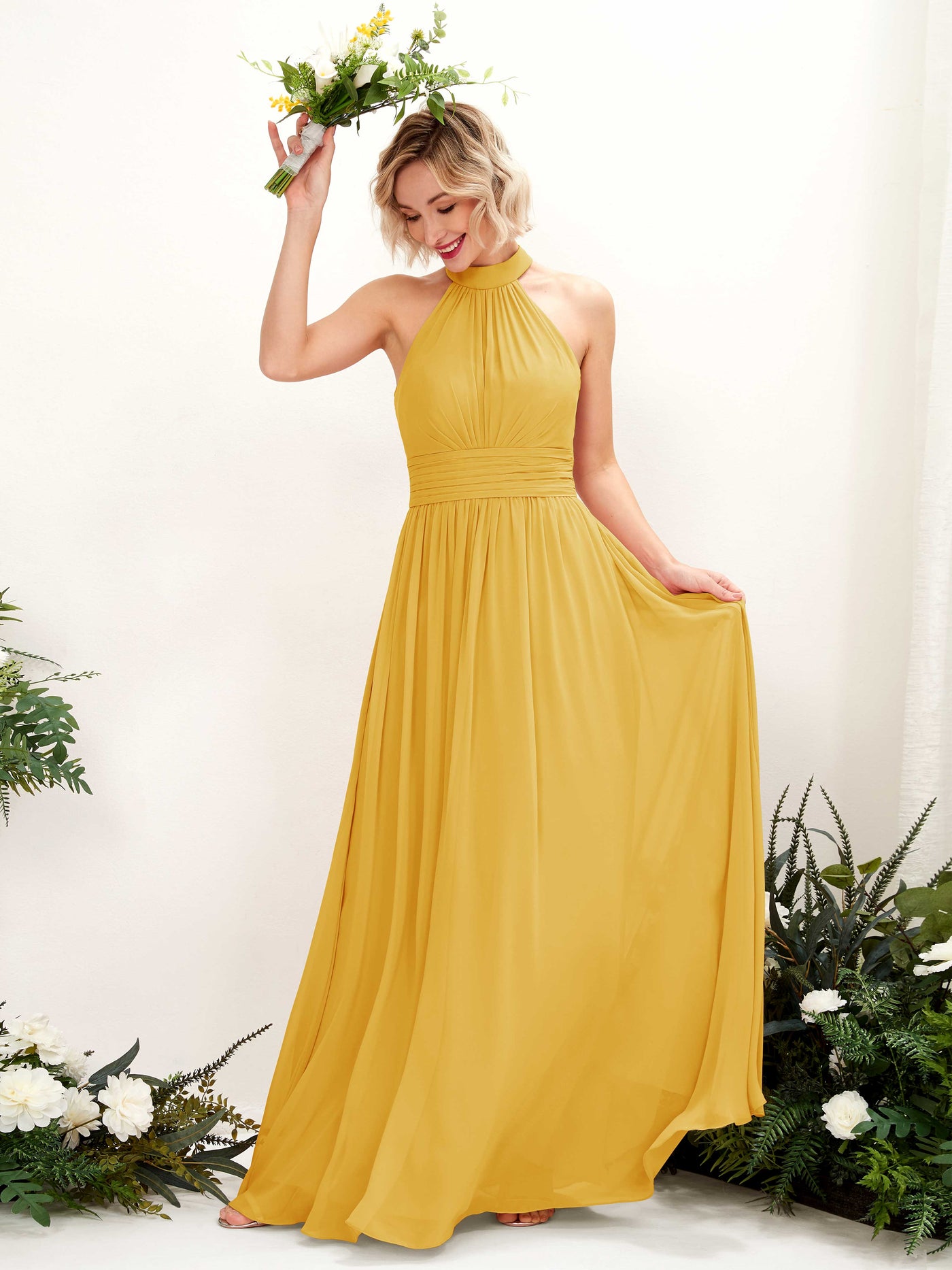 Ball Gown Halter Sleeveless Chiffon Bridesmaid Dress - Mustard Yellow (81225333)#color_mustard-yellow