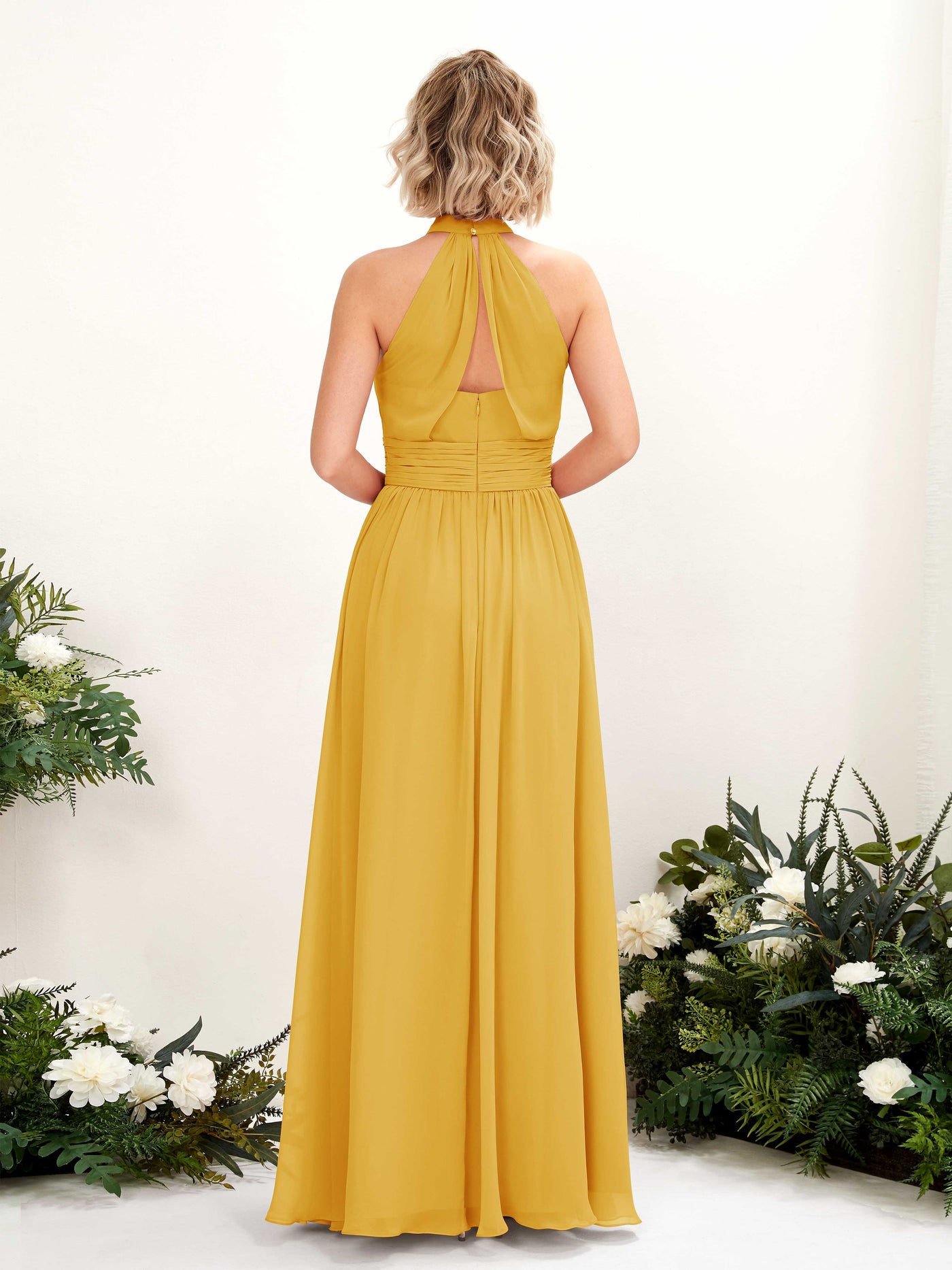 Ball Gown Halter Sleeveless Chiffon Bridesmaid Dress - Mustard Yellow (81225333)#color_mustard-yellow
