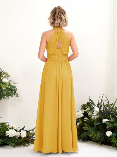 Carlyna Hilda A-Line Mustard Yellow Bridesmaid Dress Maxi Sleeveless Round Neck Dress Back View #color_mustard-yellow