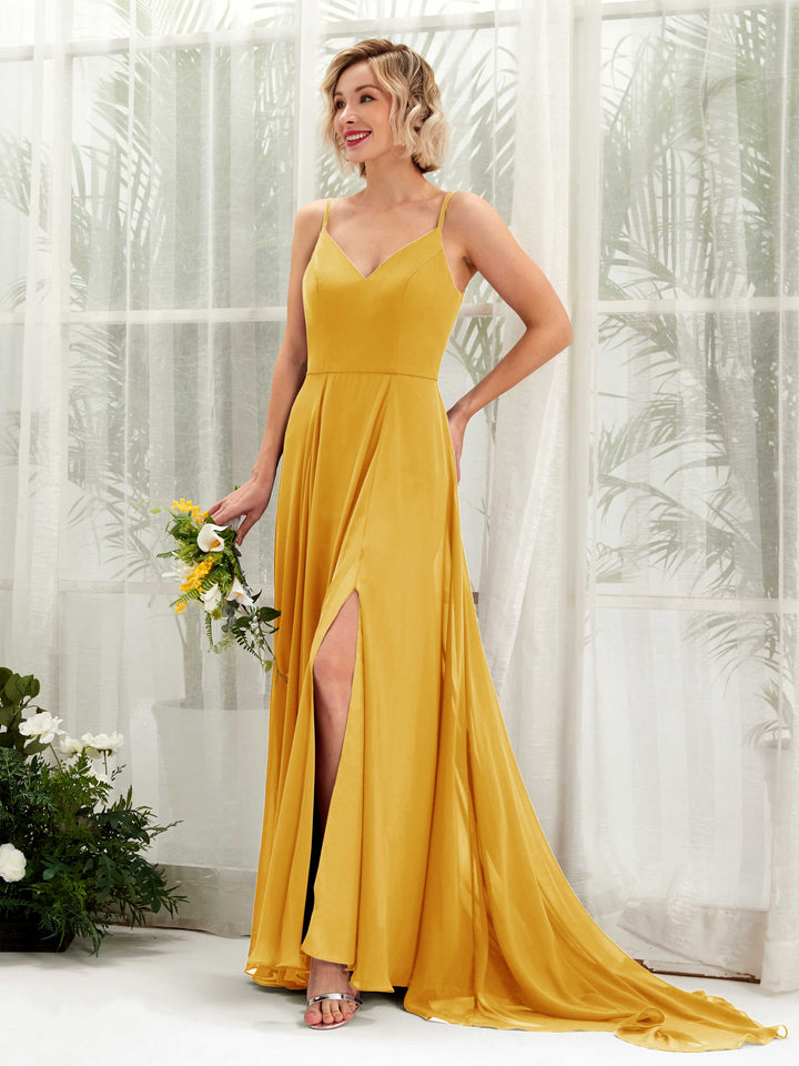 Ball Gown V-neck Sleeveless Bridesmaid Dress - Mustard Yellow (81224133)
