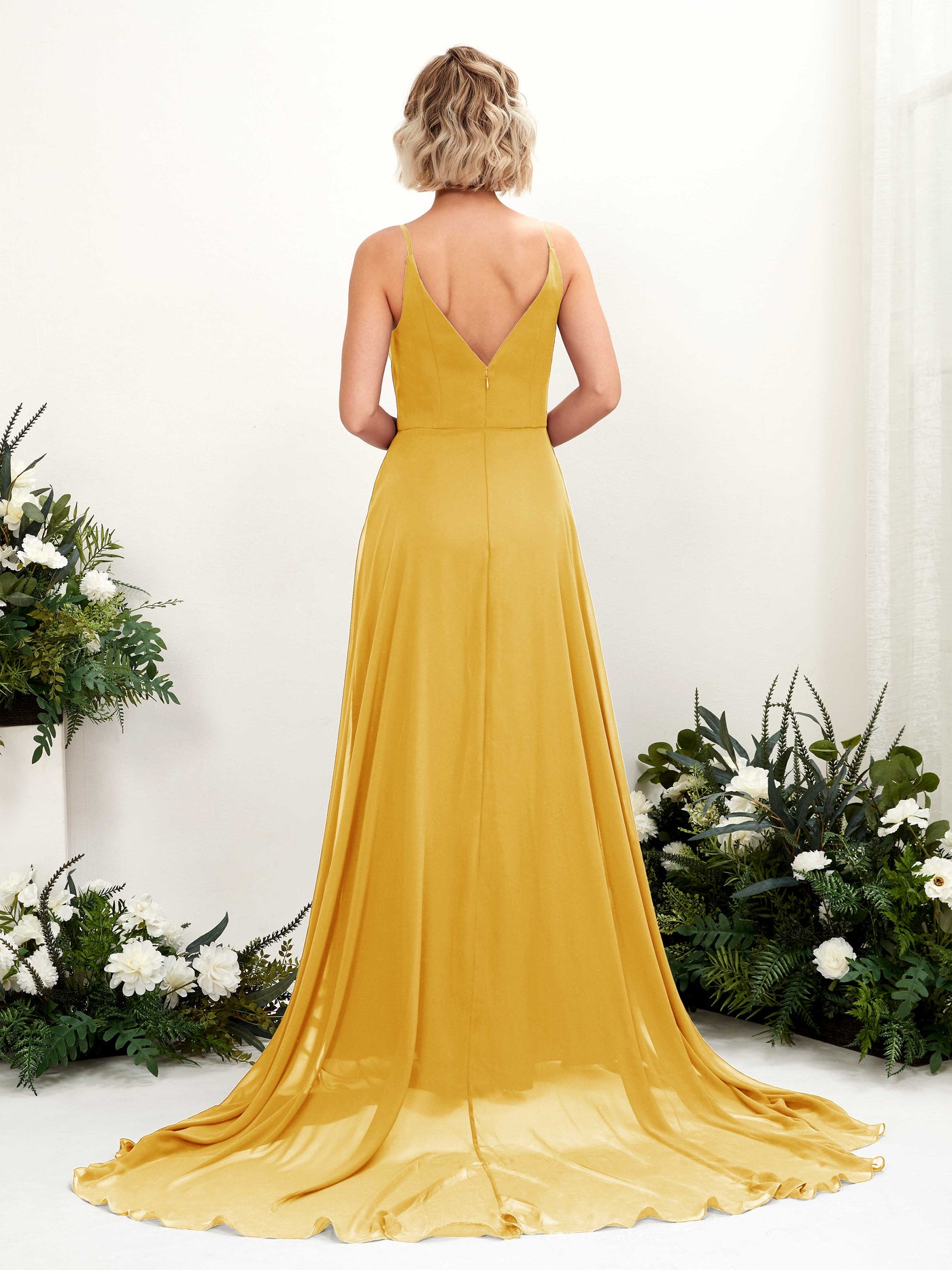 Ball Gown V-neck Sleeveless Bridesmaid Dress - Mustard Yellow (81224133)#color_mustard-yellow