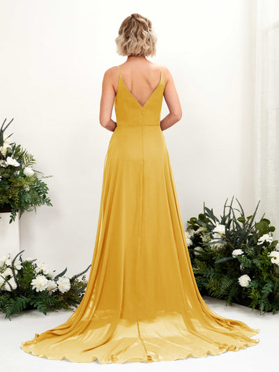 Carlyna Mana A-Line Mustard Yellow Bridesmaid Dress Maxi Sleeveless V-Neck Dress #color_mustard-yellow